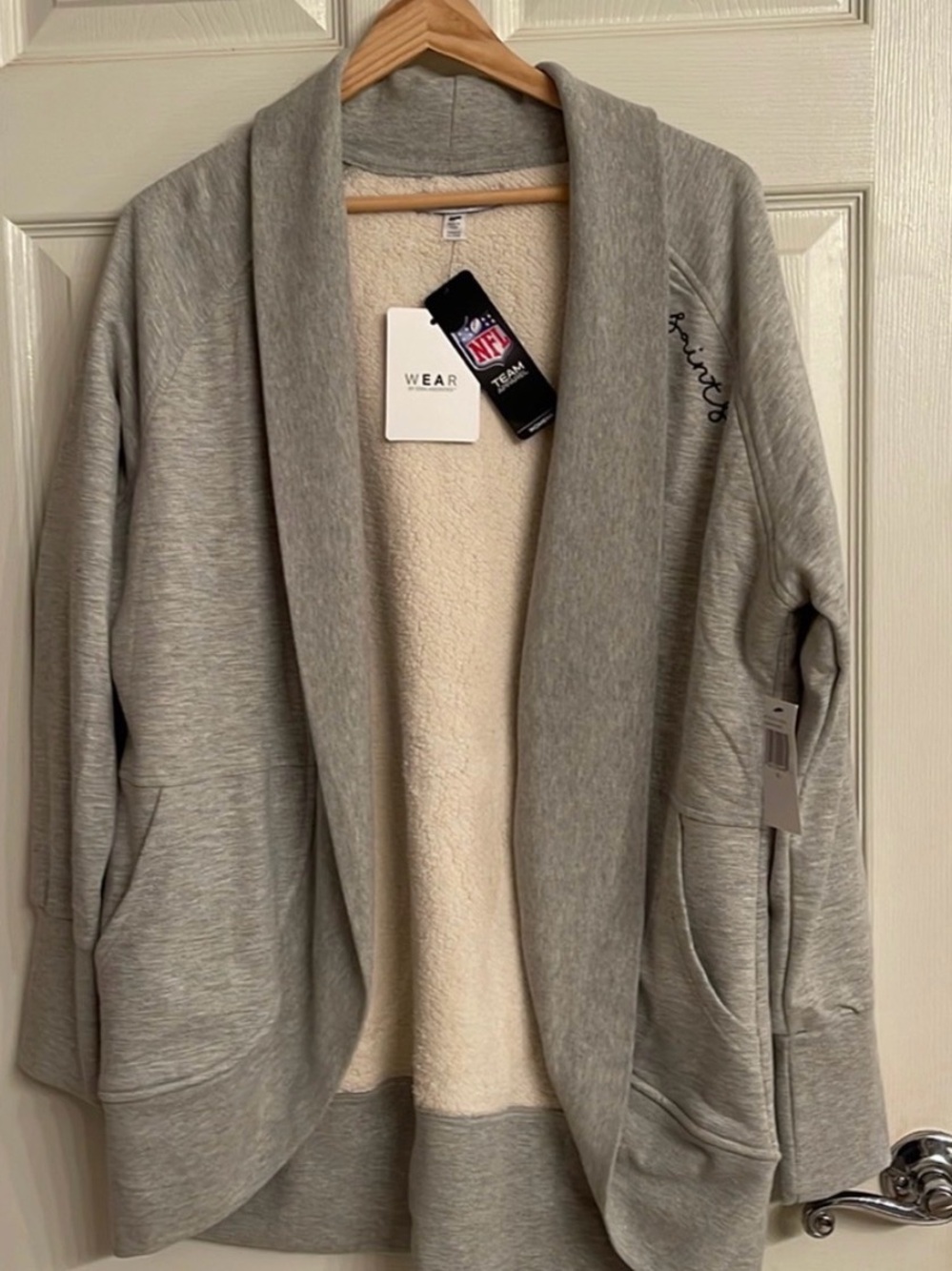 Erin Wear Women's SAINTS Gray Shawl-Collar Cozy Open Cardigan XL NWT never worn